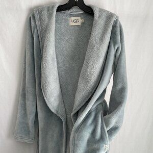 UGG Women’s Miranda Fleece Hooded Short Robe Size S Blue Plush Belted Pockets